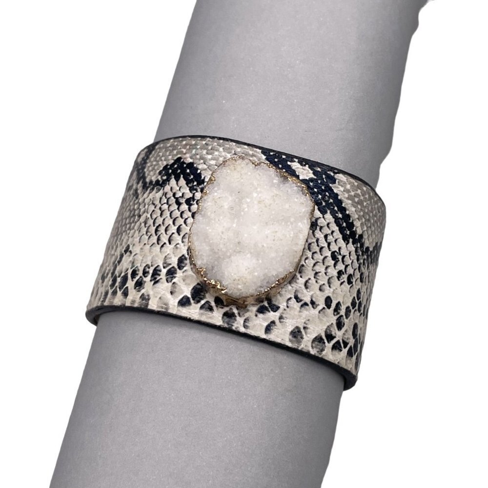 Yik Fung Snakeskin Leather Druzy Wide Bracelet Adjustable Snap Closure